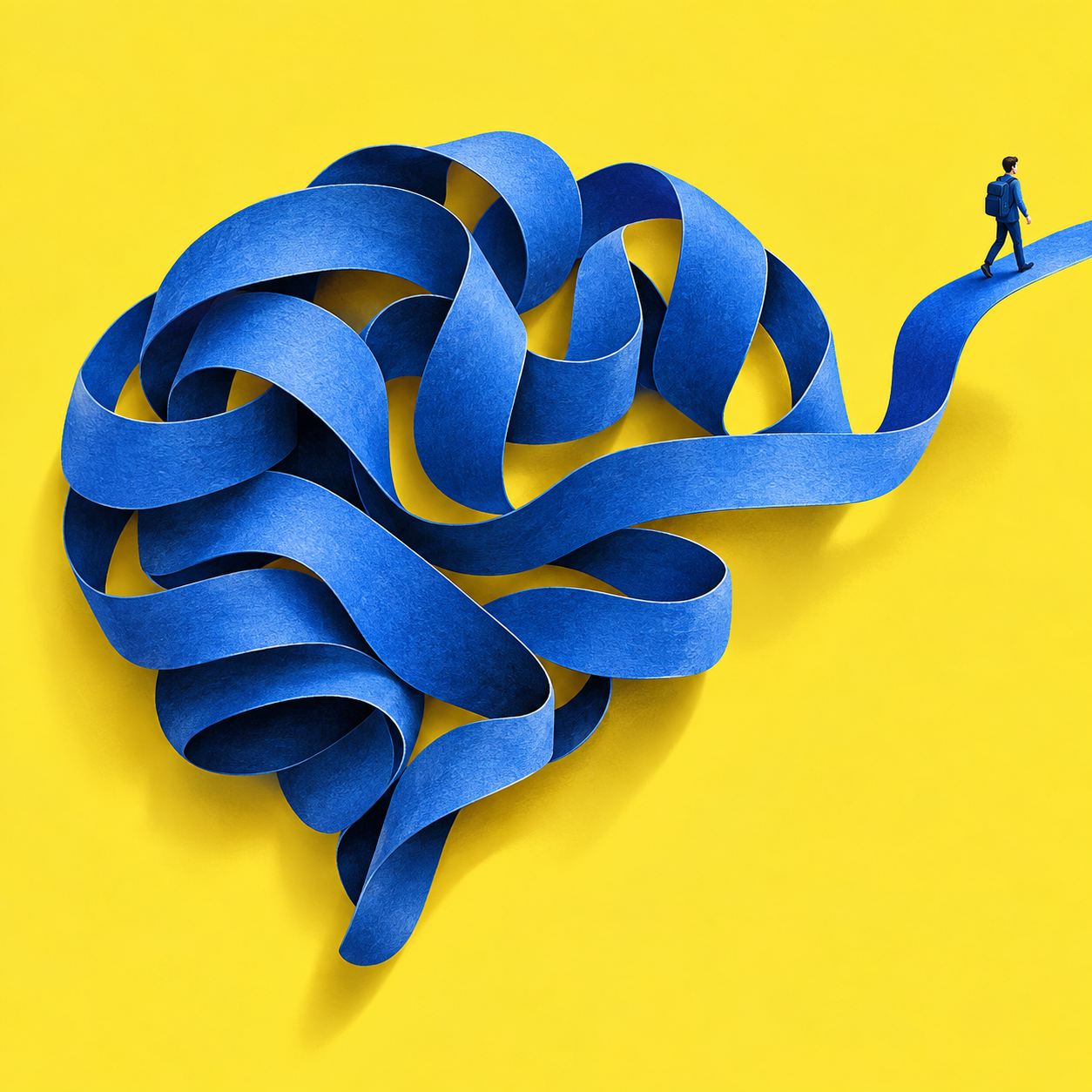 A winding blue ribbon forms a mind, with a traveller following its open path.